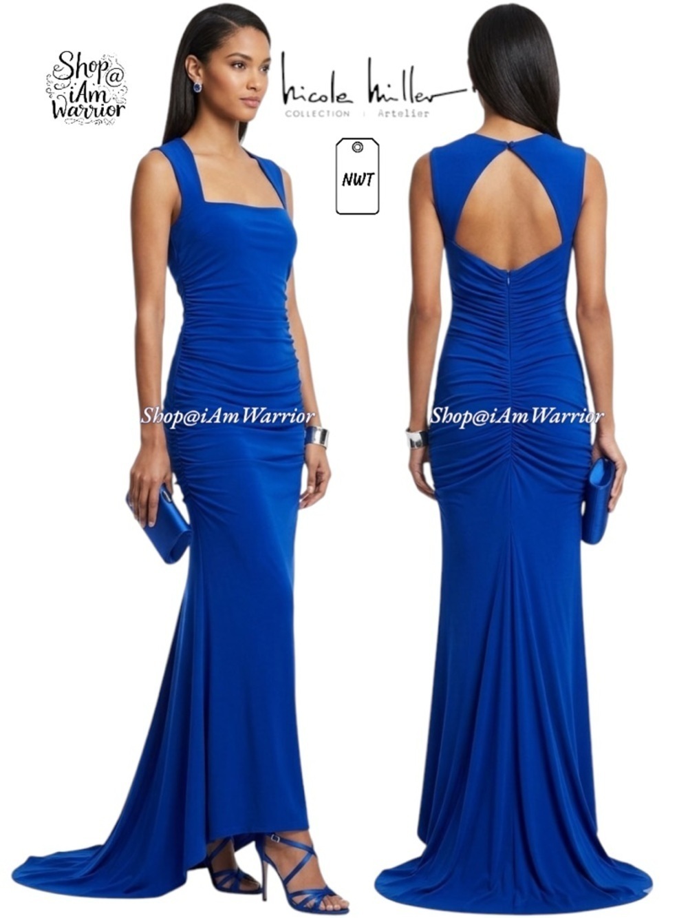 Nicole Miller Collection NWT Sapphire Matte Jersey Ruched Gown with Train